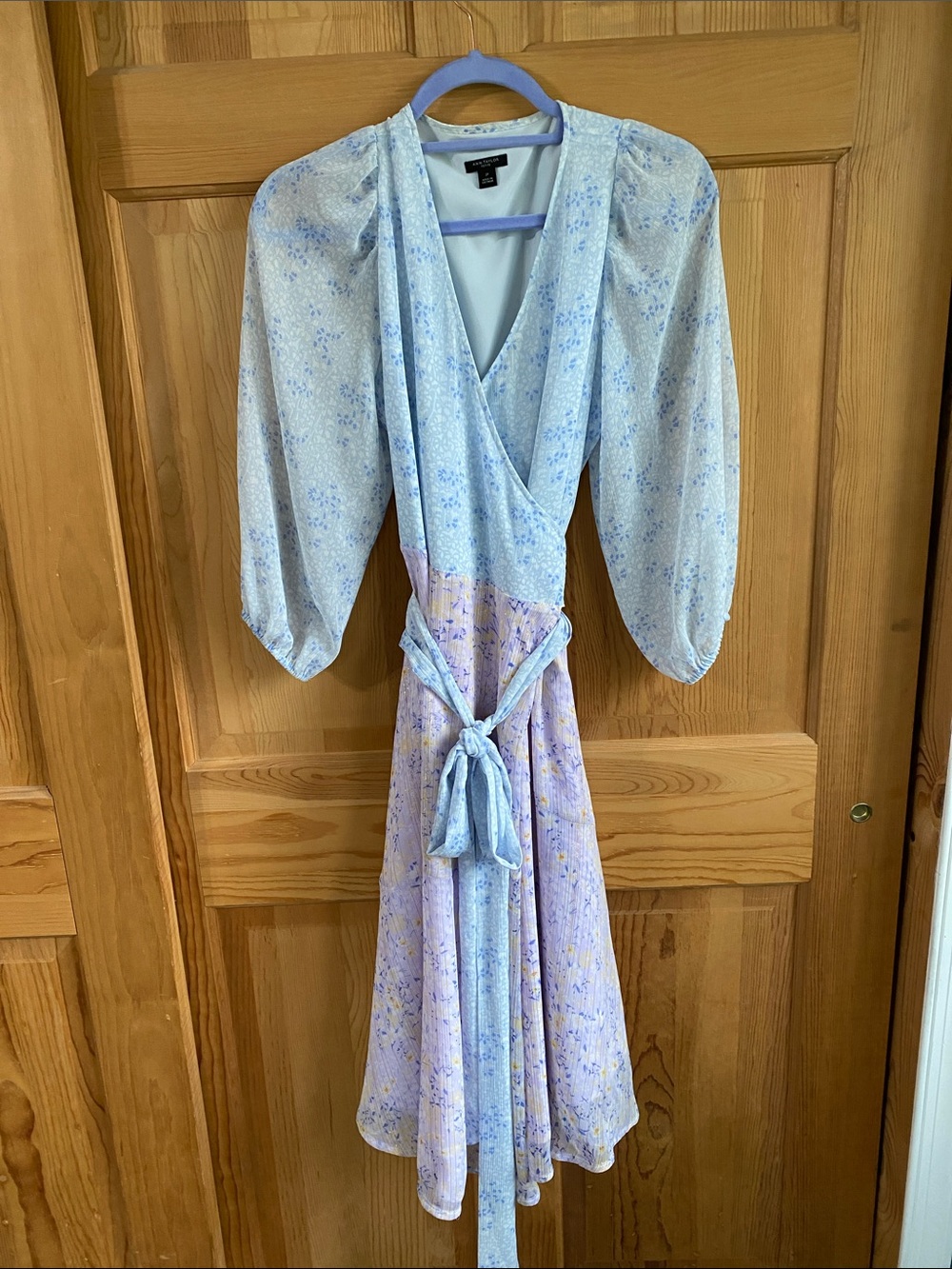 Ann Taylor Light Blue and Lilac Floral Wrap Midi Dress